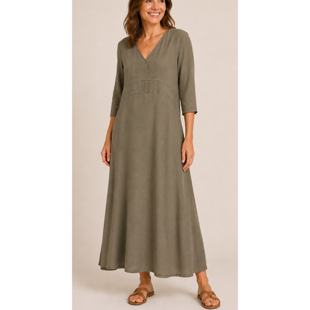 Orvis Womens 14 Brown Silk Maxi Dress V Neck 3/4 Sleeve Quiet Luxury Casual Chic